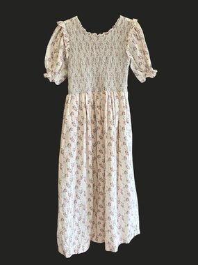 DONDOLO Smocked Rose Peasant Linen & Cotton Maxi Dress Cottagecore M